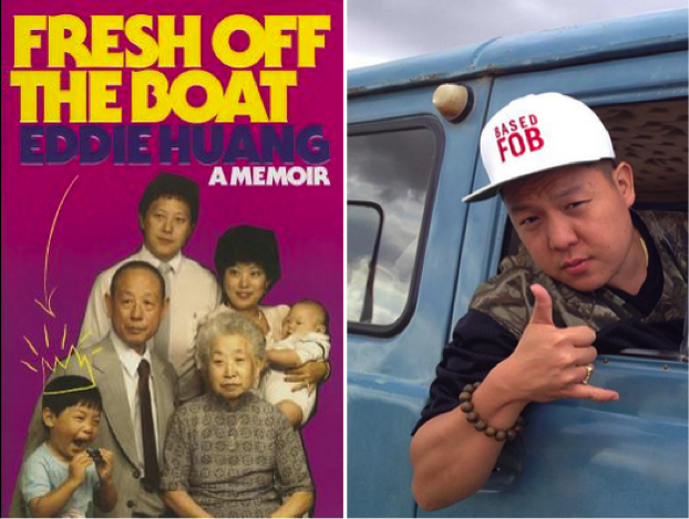 The cover of Eddie Huang’s 2013 memoir, Fresh Off the Boat, and an image of Huang donning Fresh Off the Boat (FOB) paraphernalia.