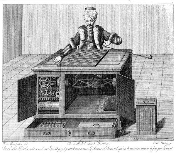 1783 copper engraving of Wolfgang von Kempelen's chess-playing Turk (image via Wikipedia)