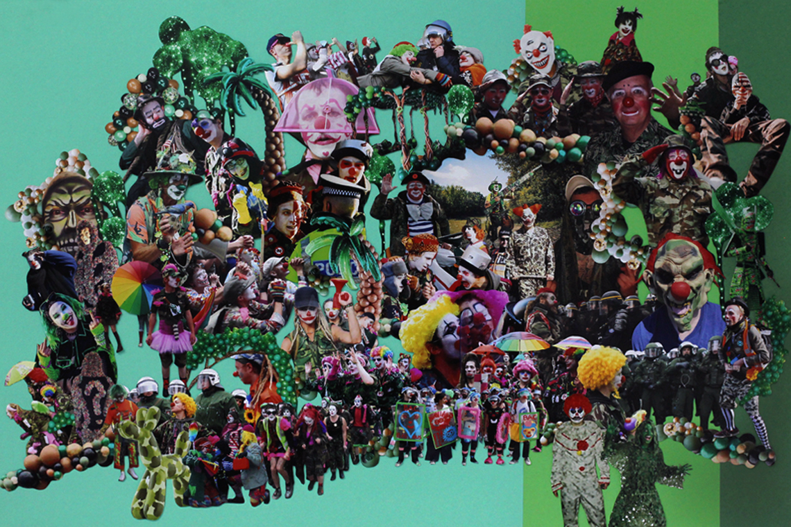 a collage of creepy clowns in army camouflage