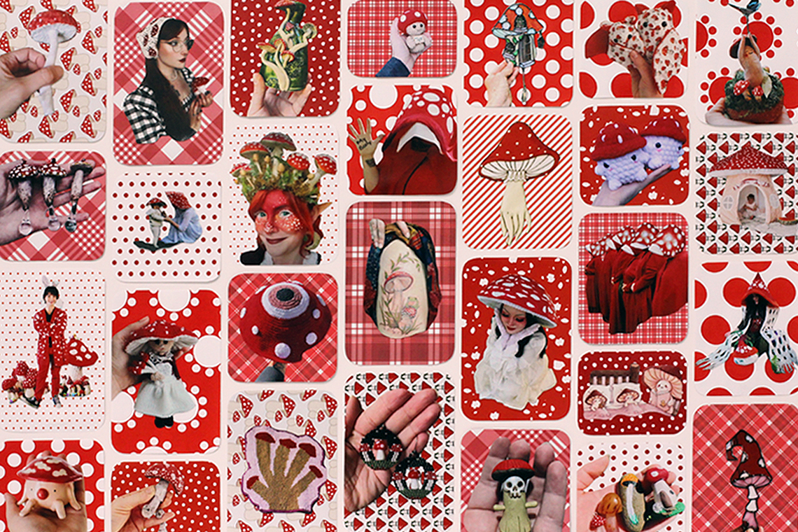 a grid of images with red and white polka dot mushrooms