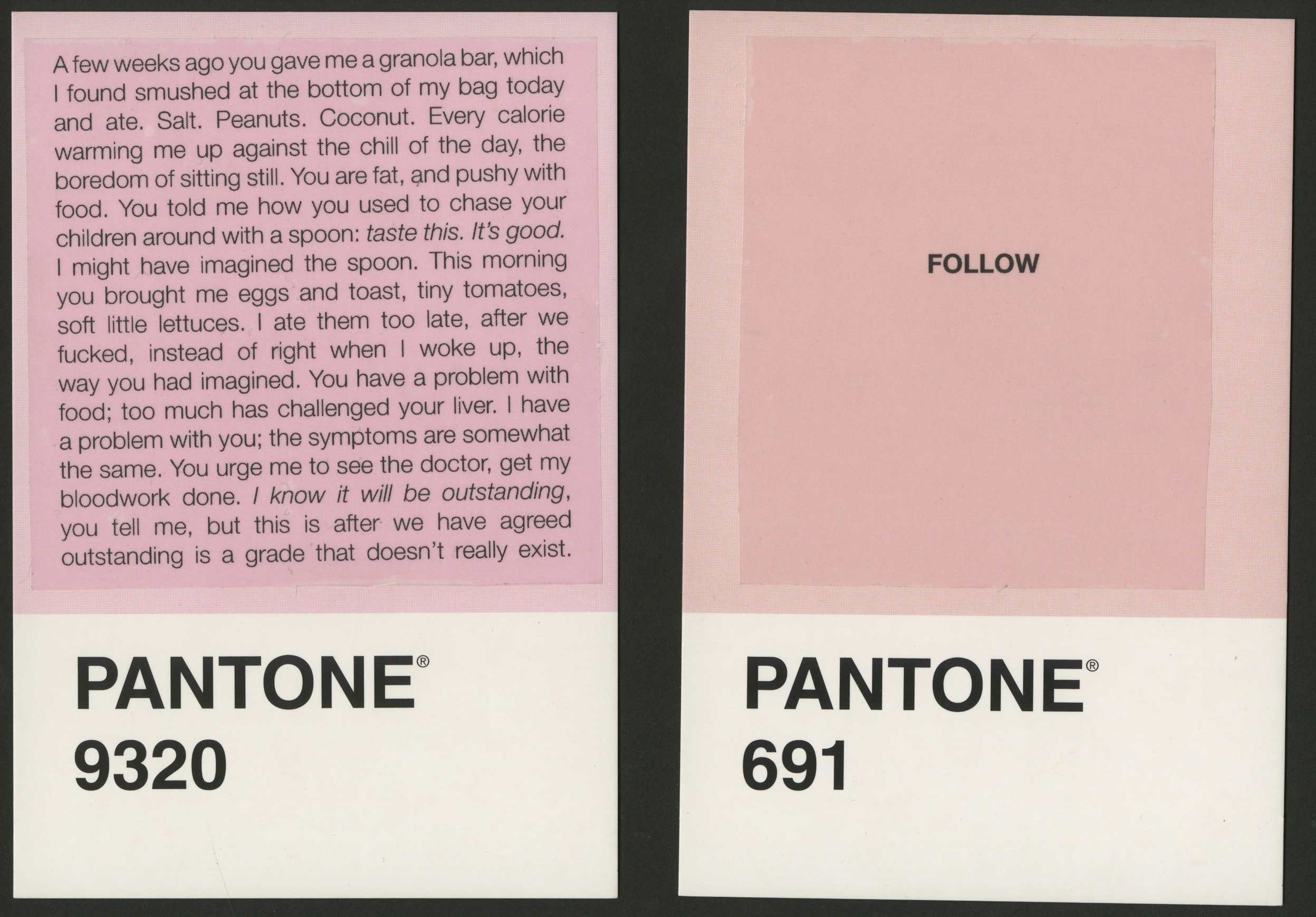 Two pinkish Pantone swatches side by side, one overlaid with a story about food and intimacy, one with the word "follow"