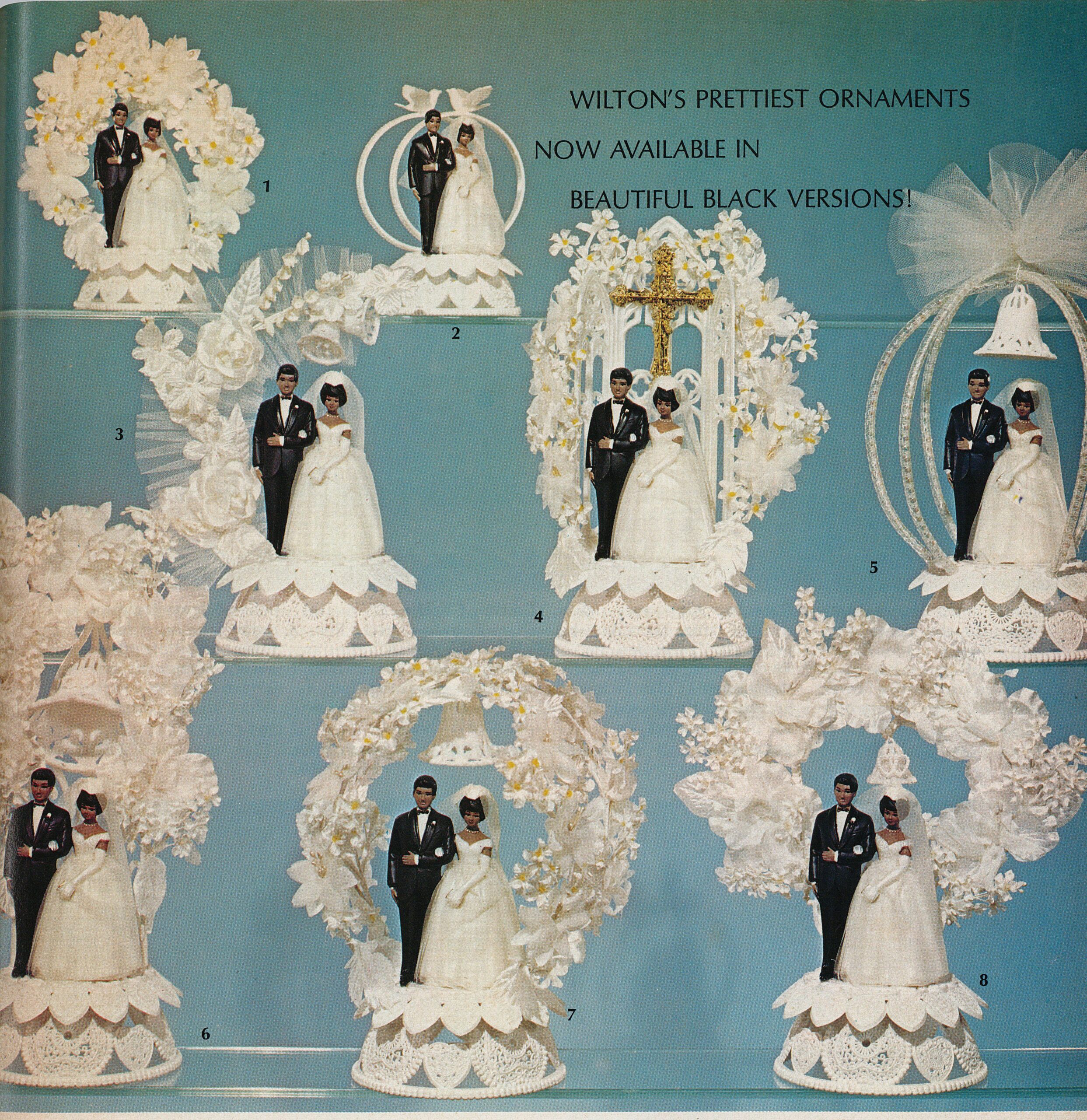 An array of bride and groom couples with dark skin in various white tableaux