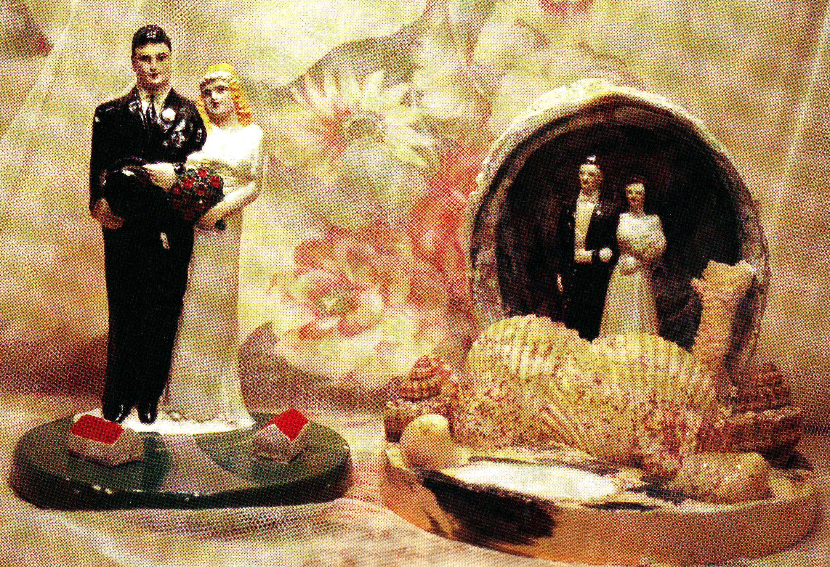 two bride and groom figures in different tableaux