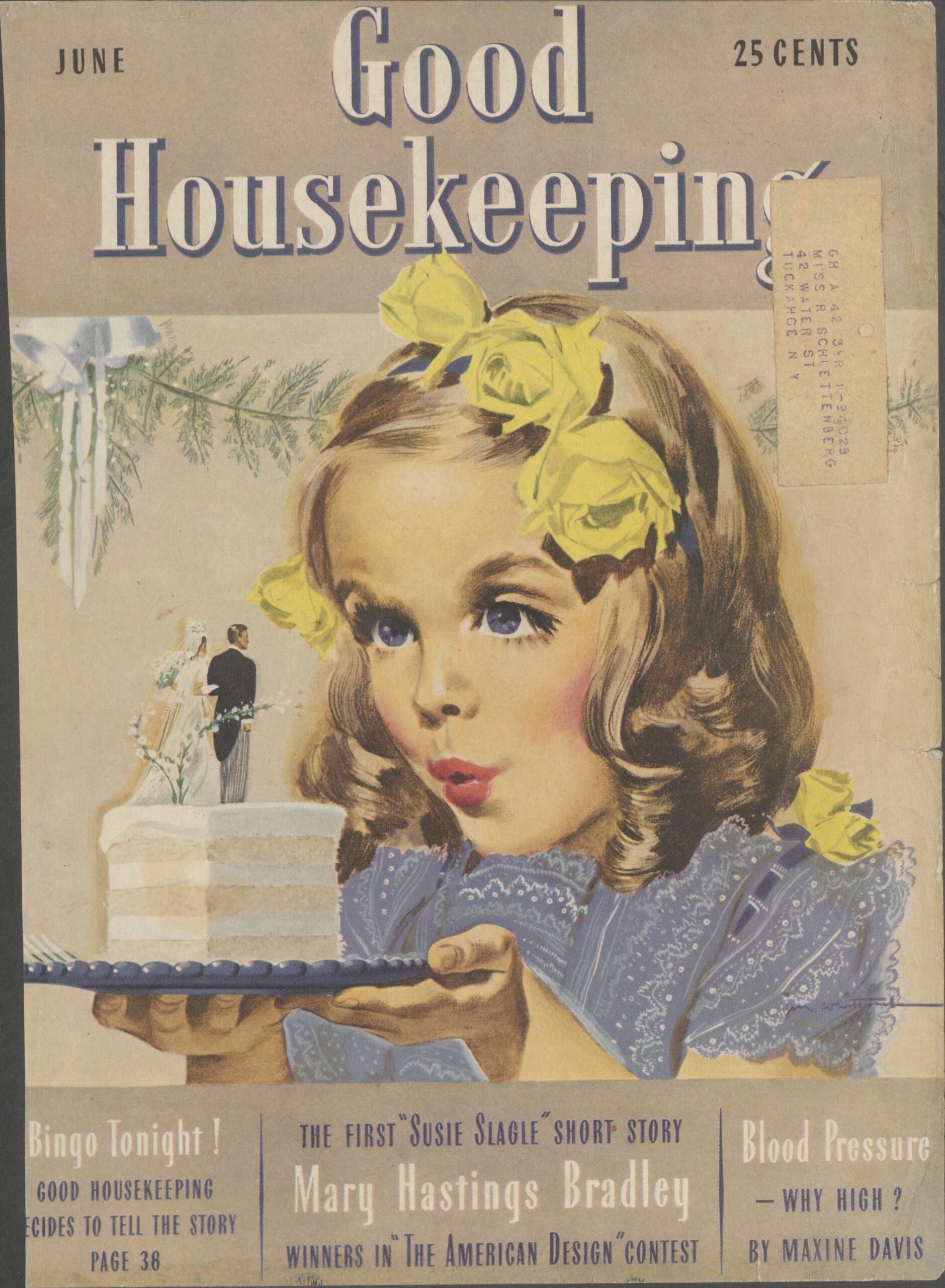 A Good Housekeeping cover from 1940 that shows a blond girl eyeing a piece of wedding cake with a bride and groom on top