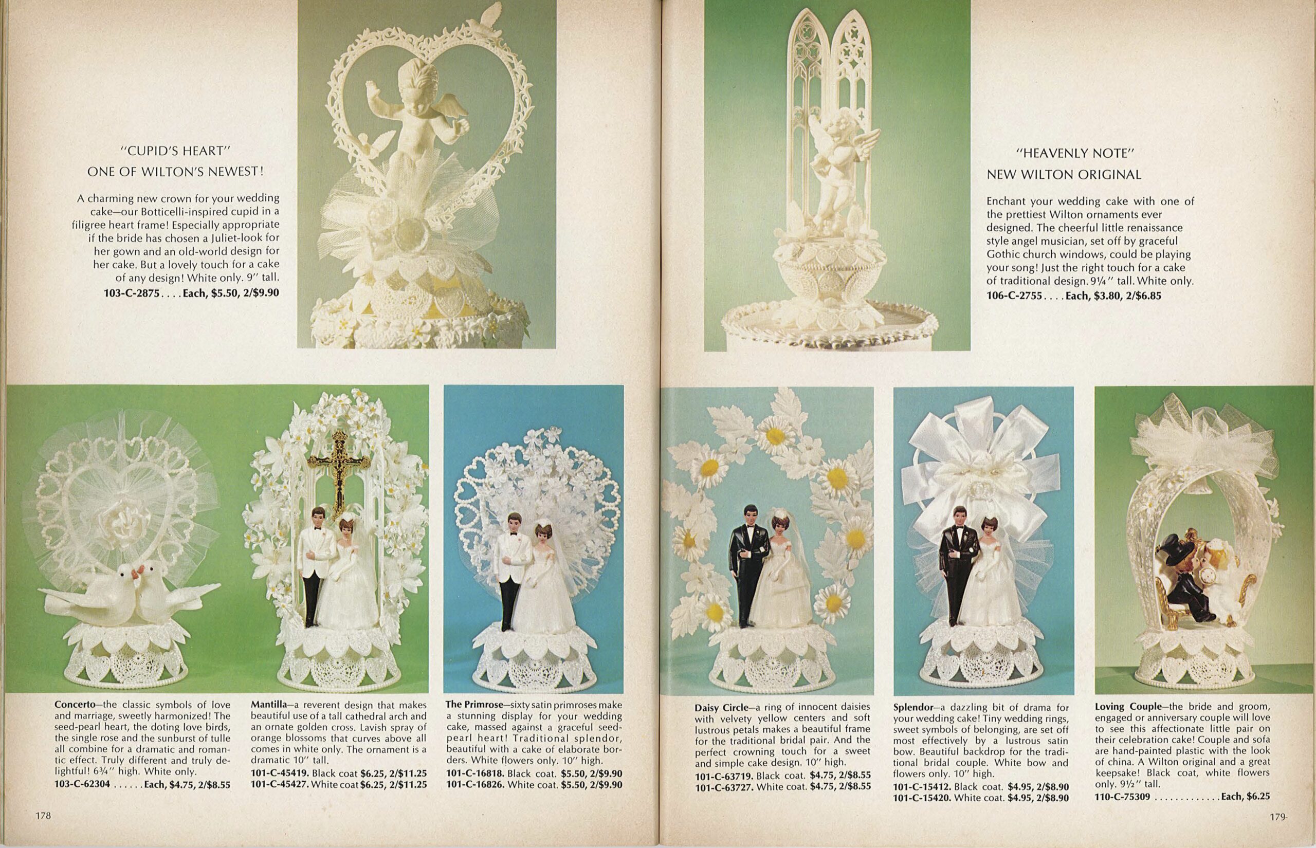 A calalog layout with several pairs of brides and grooms in white arbors