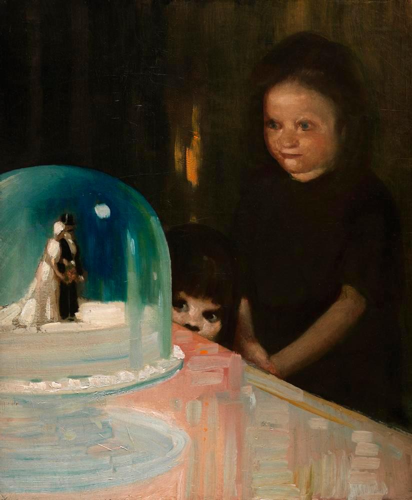 A painting with loose brush strokes showing a girl gazing at a wedding cake under a green glass dome