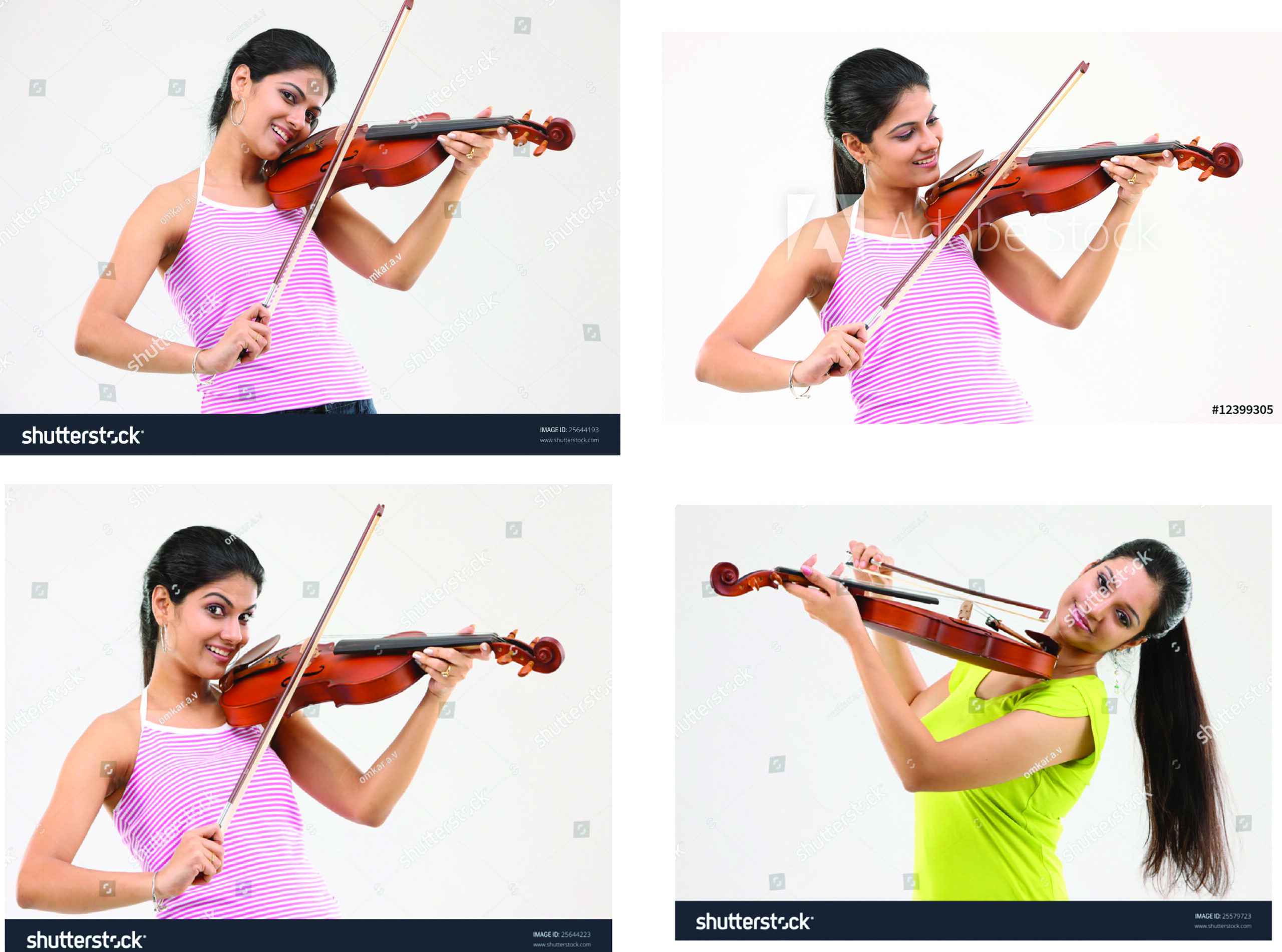 Fig. 4: (Clockwise from top left) <a href=https://www.shutterstock.com/image-photo/glamorous-girl-playing-violin-25644193>“Glamorous girl playing the violin,”</a> <a href=https://www.shutterstock.com/image-photo/young-girl-playing-violin-25644235>Young girl playing violin,”</a> <a href=https://www.shutterstock.com/image-photo/teenage-girl-violin-25644223>“Teenage girl with the violin,”</a> <a href=https://www.shutterstock.com/image-photo/beautiful-girl-playing-violin-25579723>“Beautiful girl playing violin"</a>. 