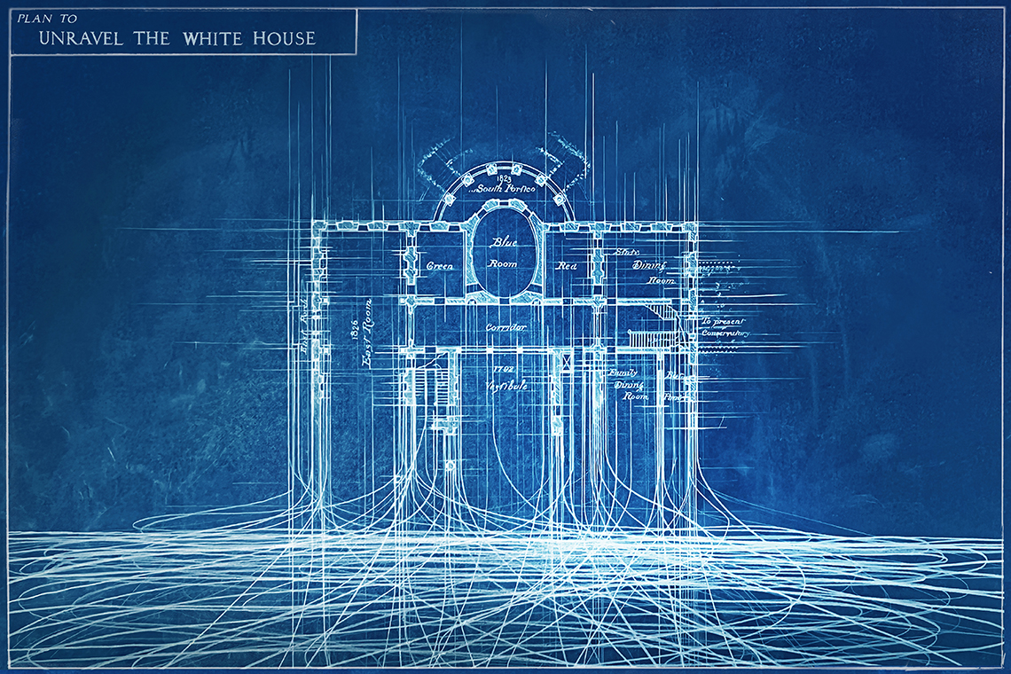 a cyanotype-like drawing of the first floor plan of the White House, with the lines unraveling like threads