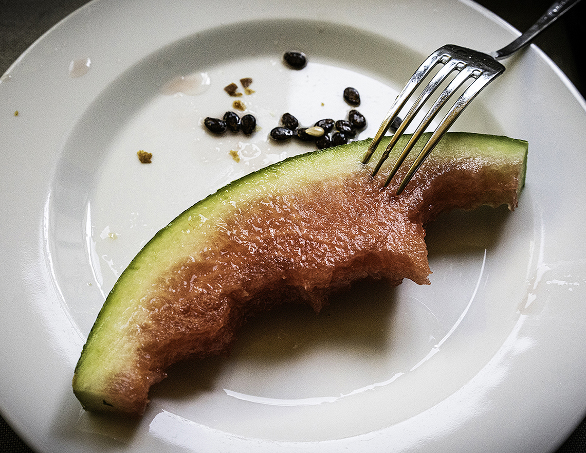 Photograph by Ashima Yadava of a half-eaten watermelon slice on a plate. A fork rests on the rind.
