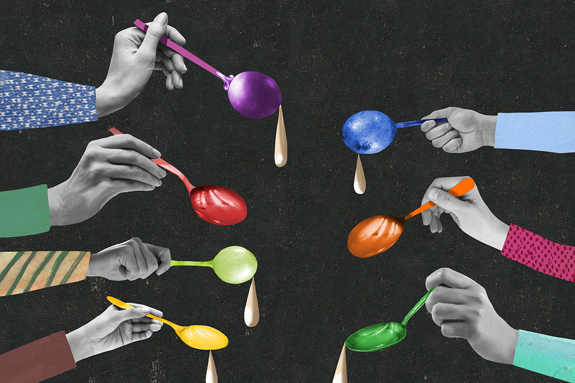 arms reach in from the sides of the image, each one holding a jewel-toned spoon that drips soup